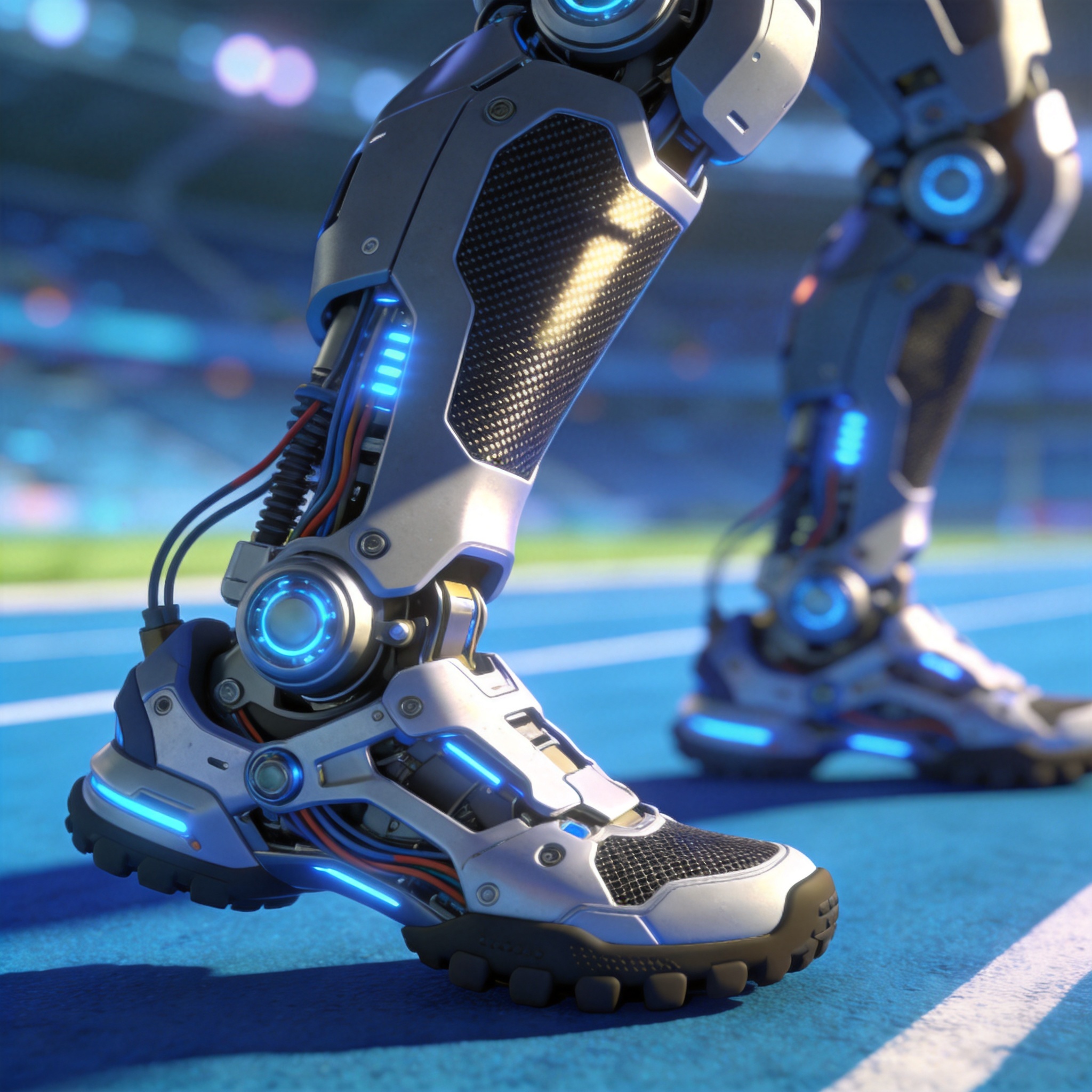 Close-up of a humanoid robot's leg mechanical joints and carbon-fiber shin guards
